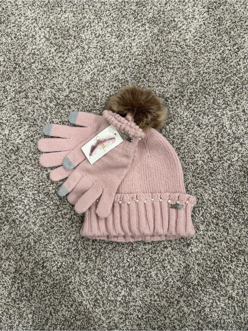 Jessica Simpson Pink Pearl Knit Beanie Hat & Touchscreen Gloves Set NWT